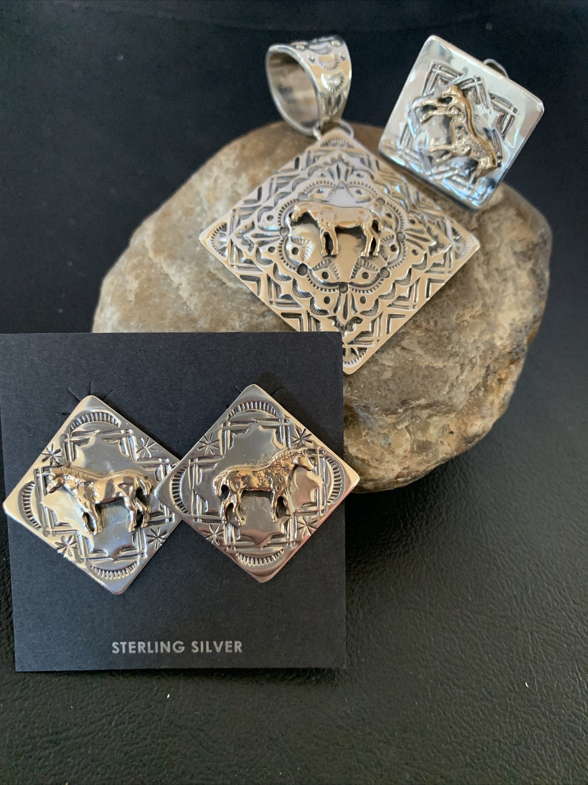 3 pc Set Brass Horse Navajo Sterling Silver Beads Pendant Earrings Ring 17979