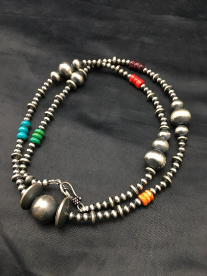 Turquoise Coral & Spiny Oyster Navajo Pearls Sterling Silver Bead Necklace 24"