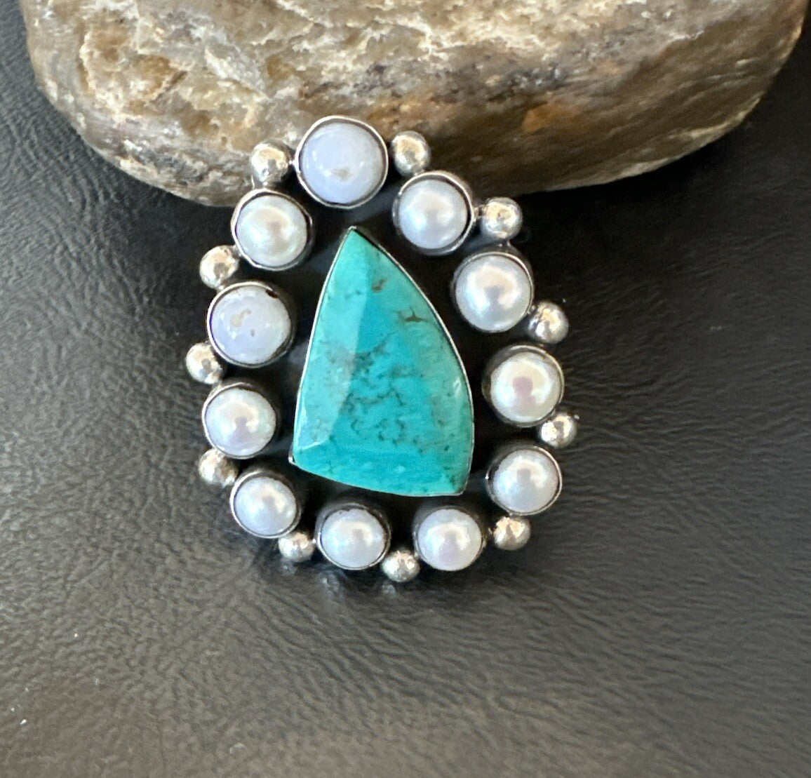 Blue Turquoise White Pearls Navajo Sterling Silver Cluster Ring Size 10.5 18398