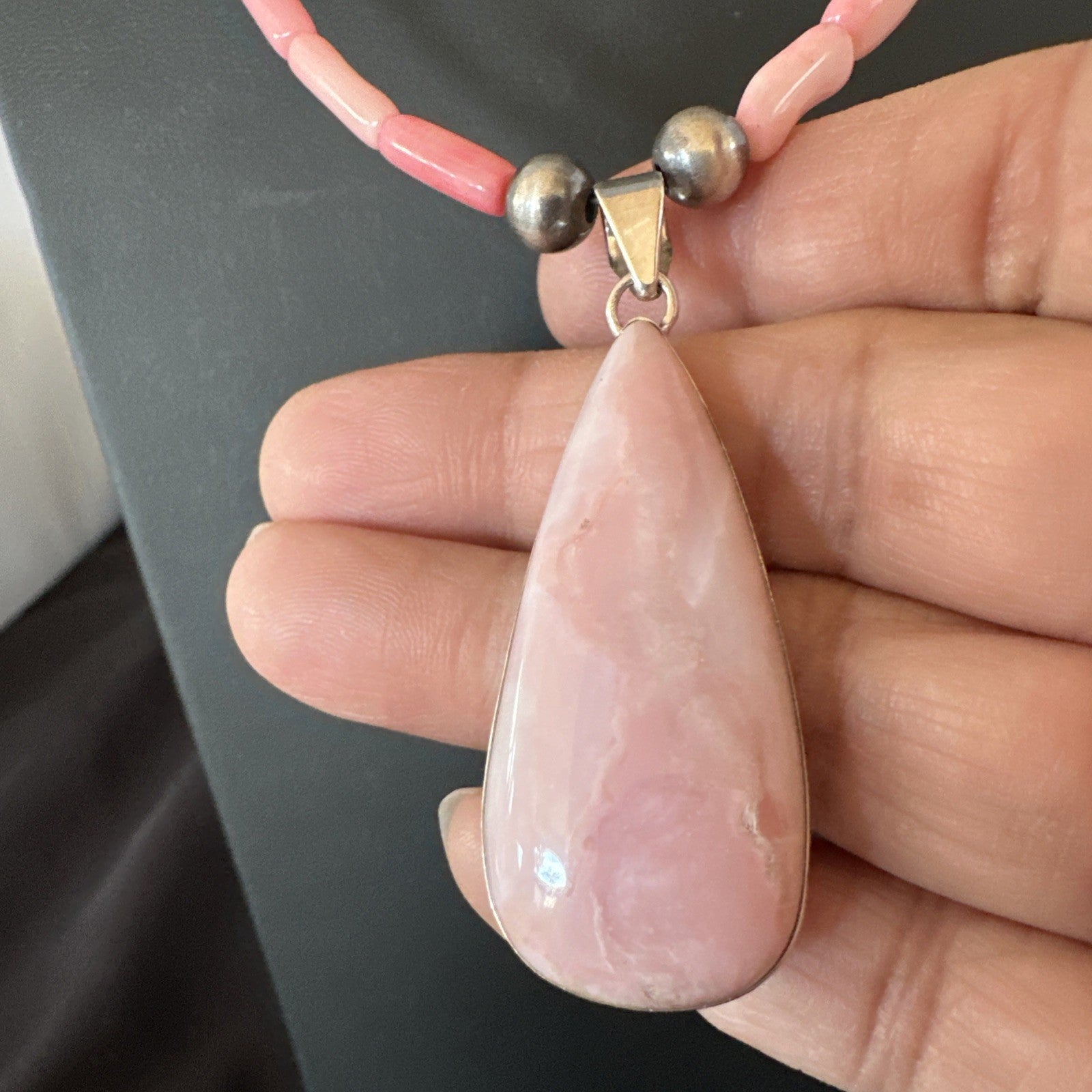 Southwestern Sterling Silver Pink Coral Bead Necklace Quartz Pendant 24" 19589