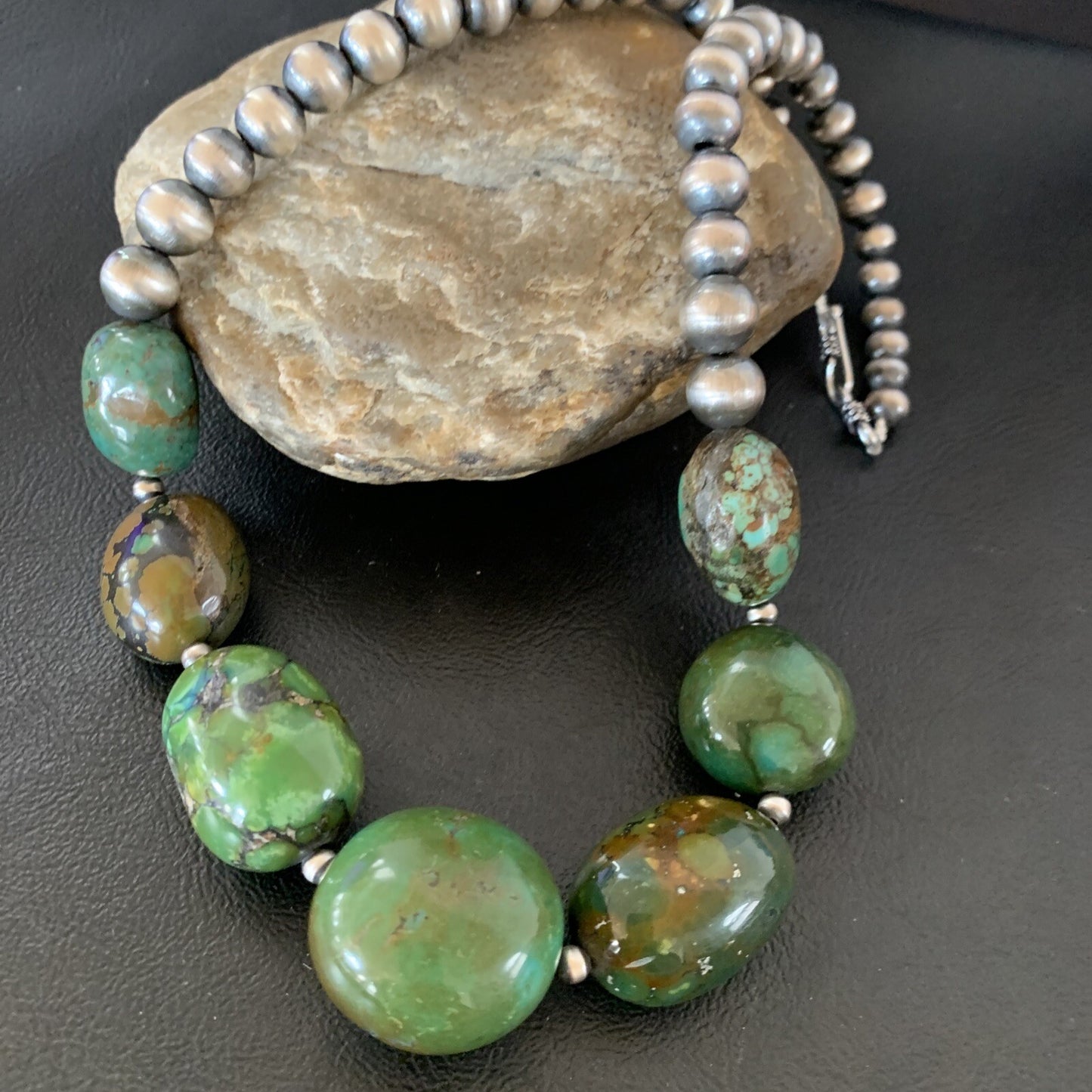 Chunky Navajo Spider Web Green Turquoise Sterling Silver Necklace 20" 11762