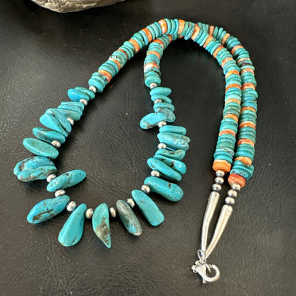 Mens Women Navajo Blue Turquoise Spiny Oyster Necklace Sterling Silver 24” 19506