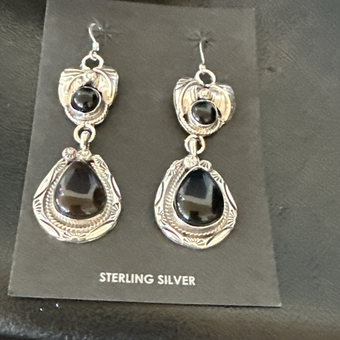 Black Onyx Navajo Sterling Silver Dangle Earrings 1.5" 18286