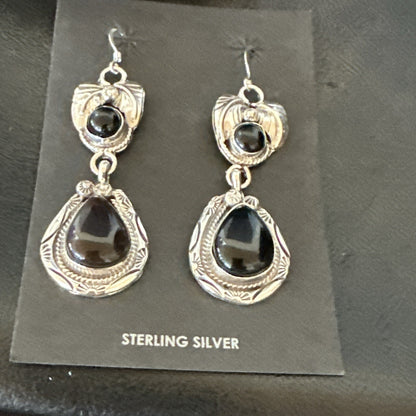 Black Onyx Navajo Sterling Silver Dangle Earrings 1.5" 18286