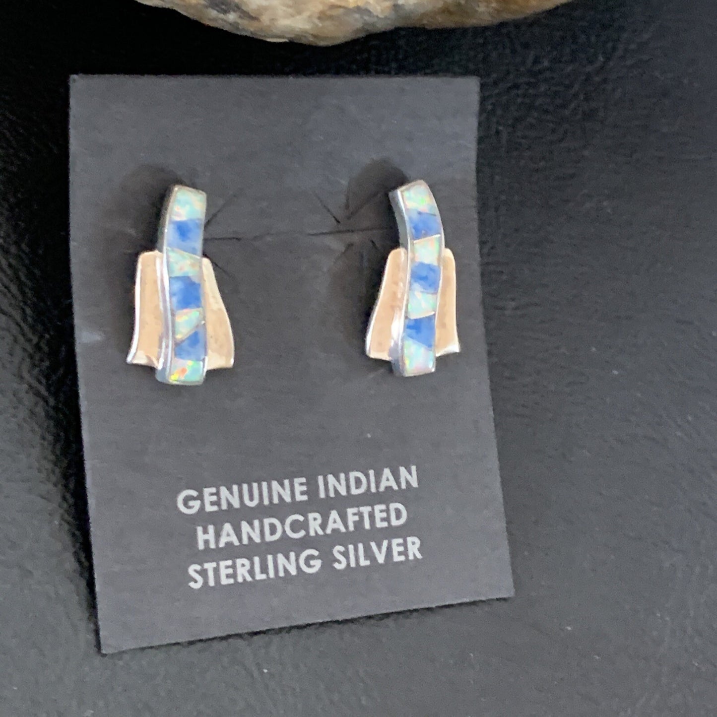 Women Blue Denim Lapis & White Opal Navajo Sterling Silver Inlay Earrings 128900