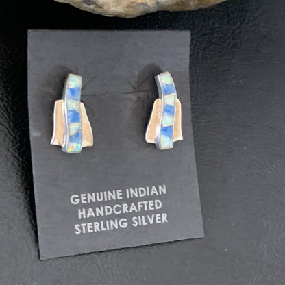 Women Blue Denim Lapis & White Opal Navajo Sterling Silver Inlay Earrings 128900