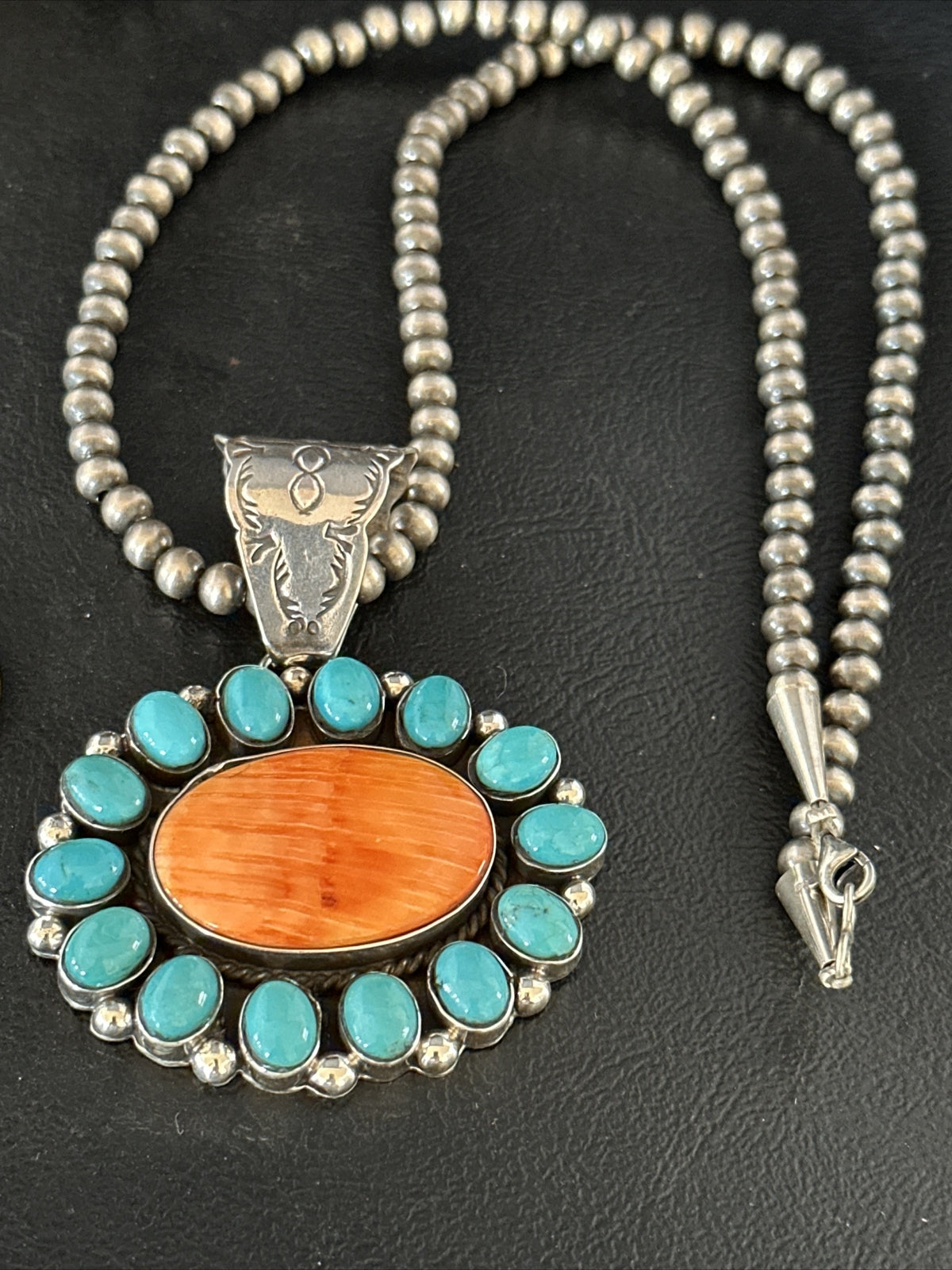 Kingman Turquoise & Spiny Oyster Cluster Pendant Sterling Silver Necklace 14277