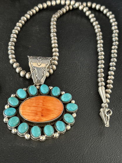 Kingman Turquoise & Spiny Oyster Cluster Pendant Sterling Silver Necklace 14277