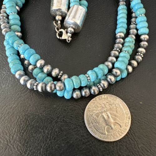Navajo Pearls Blue Turquoise Necklace 3-Strand Sterling Silver 16305
