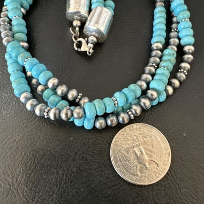 Navajo Pearls Blue Turquoise Necklace 3-Strand Sterling Silver 16305