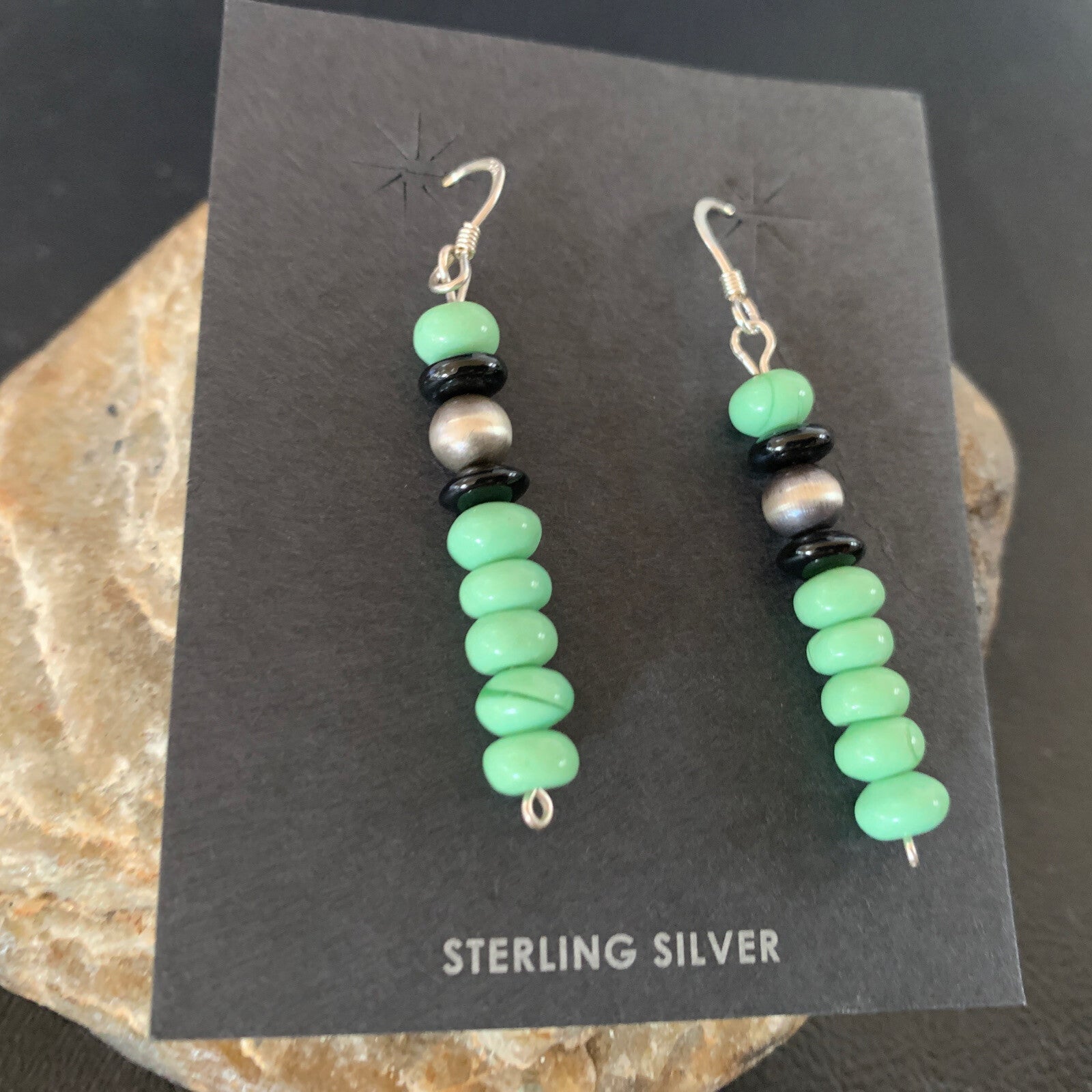 Green Malachite & Black Onyx Navajo Sterling Silver Beads Earrings 04486