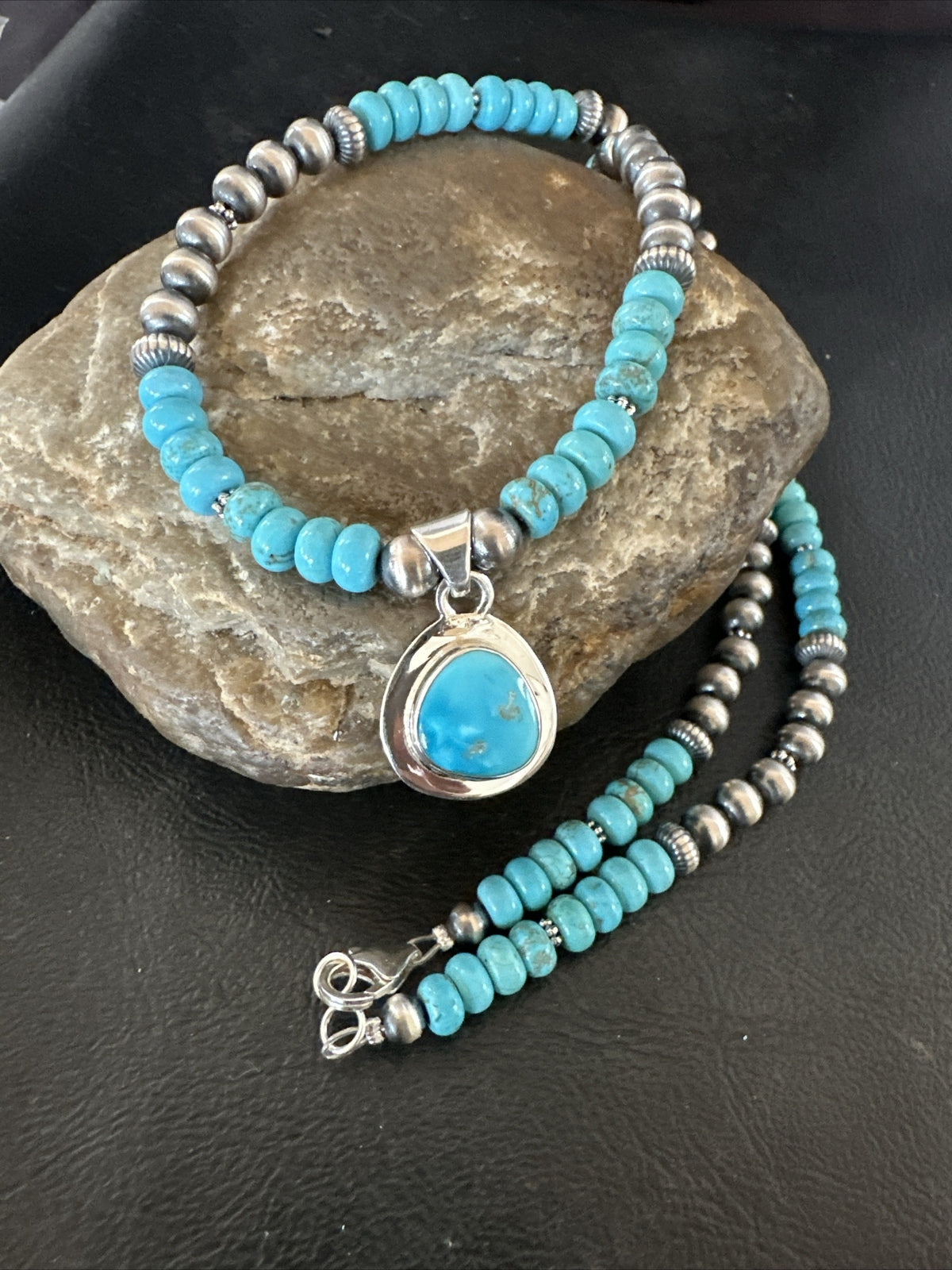 Mens Blue Kingman Turquoise Pendant Navajo Sterling Silver Necklace 21" 17901