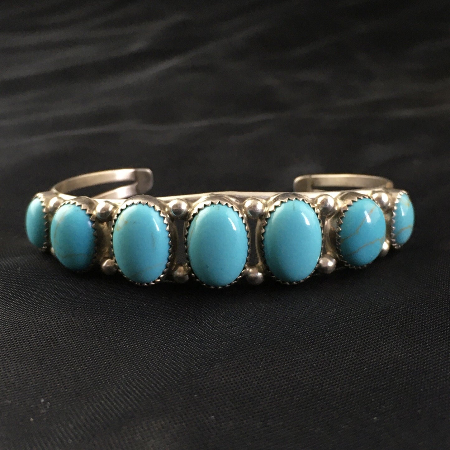 Native Mens Navajo Sterling Silver Kingman Turquoise Bracelet 7 Stone 10244