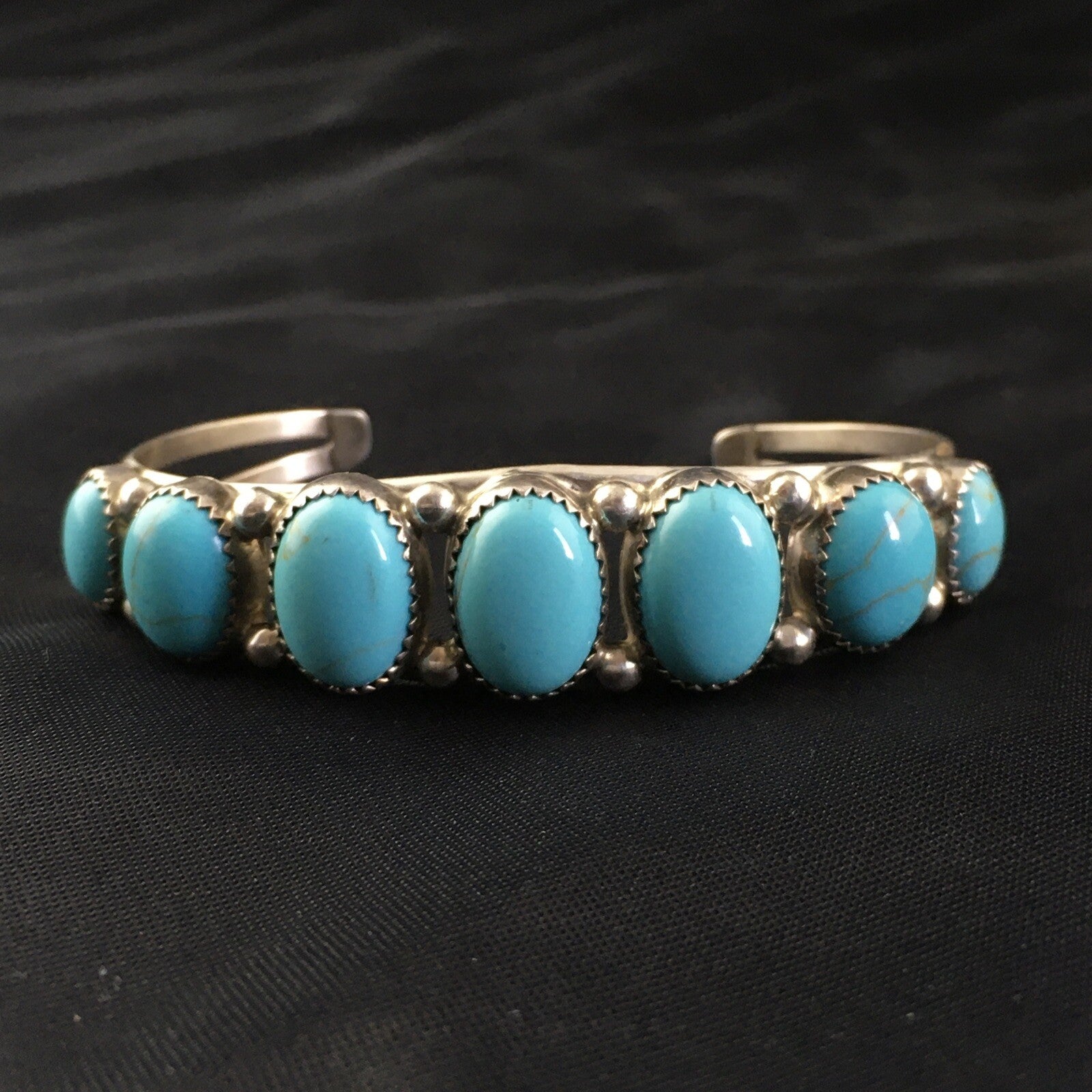 Native Mens Navajo Sterling Silver Kingman Turquoise Bracelet 7 Stone 10244