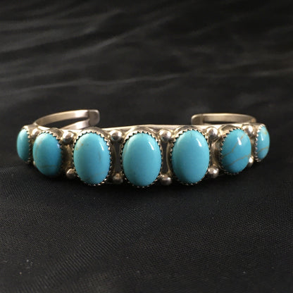 Native Mens Navajo Sterling Silver Kingman Turquoise Bracelet 7 Stone 10244