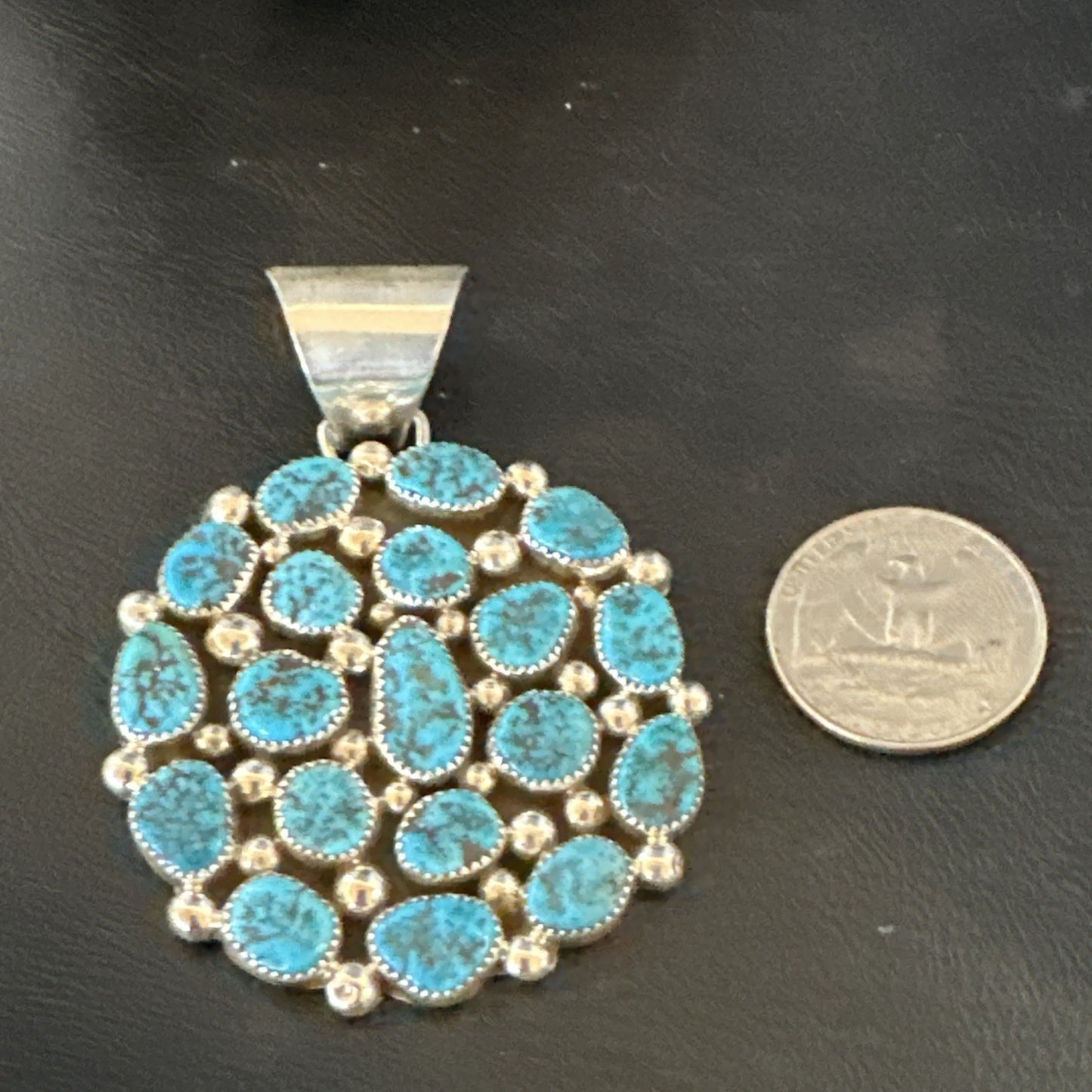 Cluster Kingman Turquoise Navajo Sterling Silver Necklace Pendant 2.75” 19082