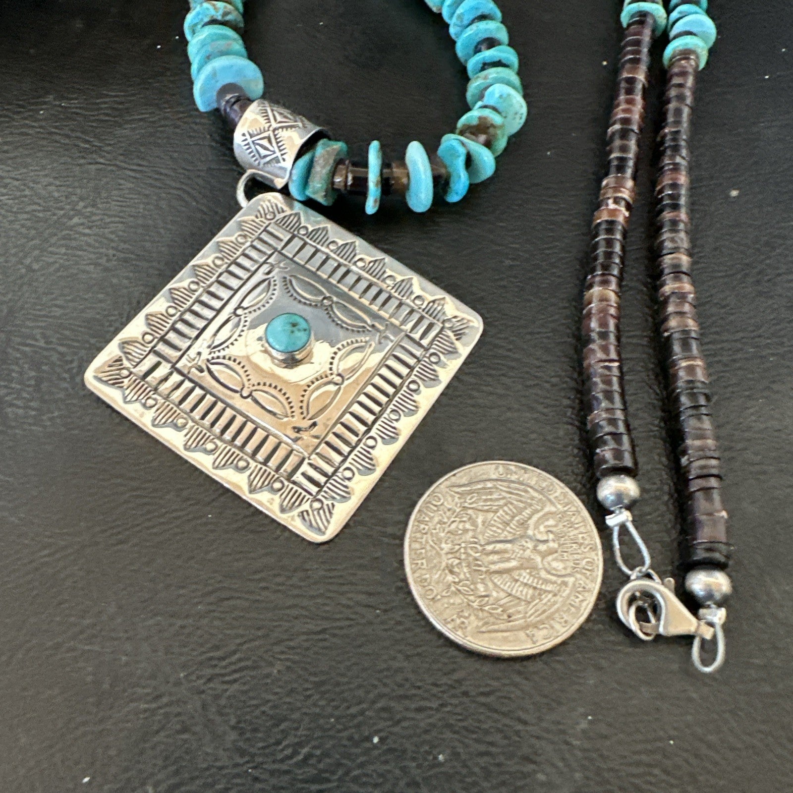 Navajo Blue Turquoise Stamped Pendant Shell Sterling Silver 28” Necklace 19705