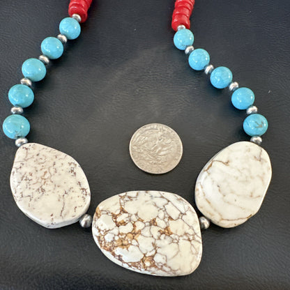 Mens Wild Horse Blue Turquoise Red Coral Navajo Sterling Silver Necklace 17982