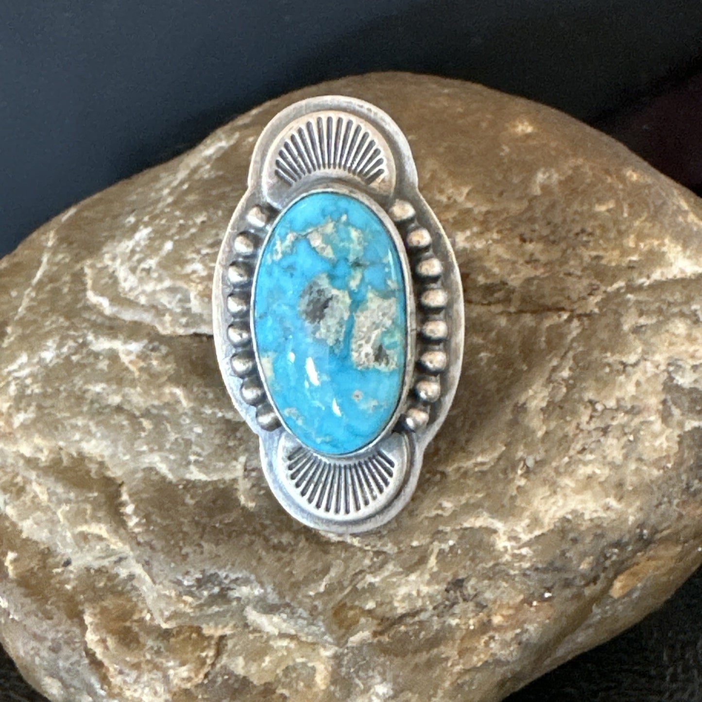 WoMens Blue Kingman Turquoise Navajo Sterling Silver Adjustable Ring Sz 8 19418