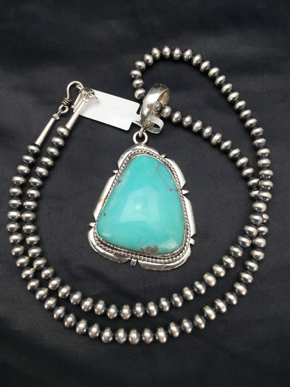 Mens Blue Turquoise Pendant Navajo Pearls Sterling Silver Necklace 03915