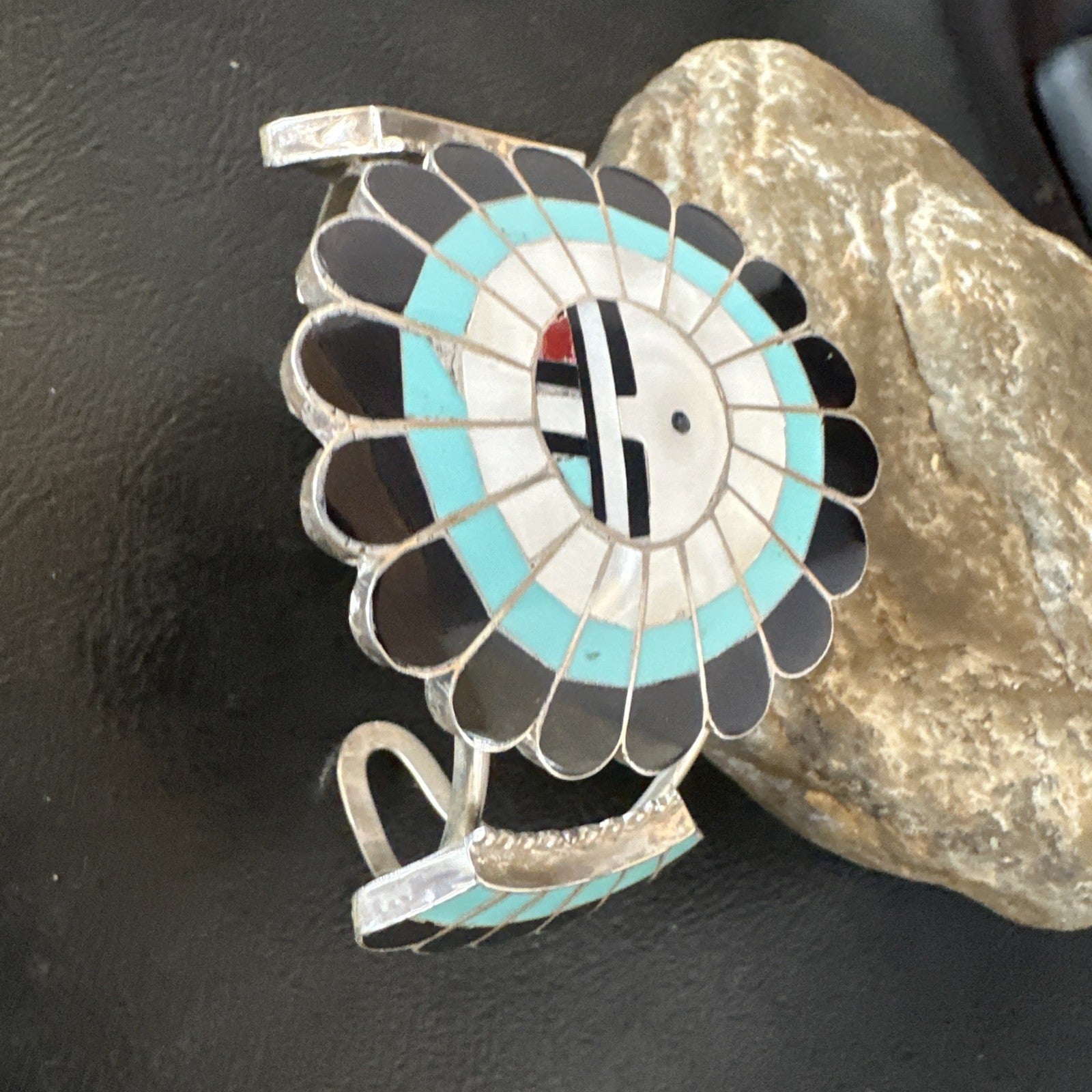 Old Pawn Sunface Turquoise Zuni Sterling Silver Onyx Bracelet 6.75” 19128