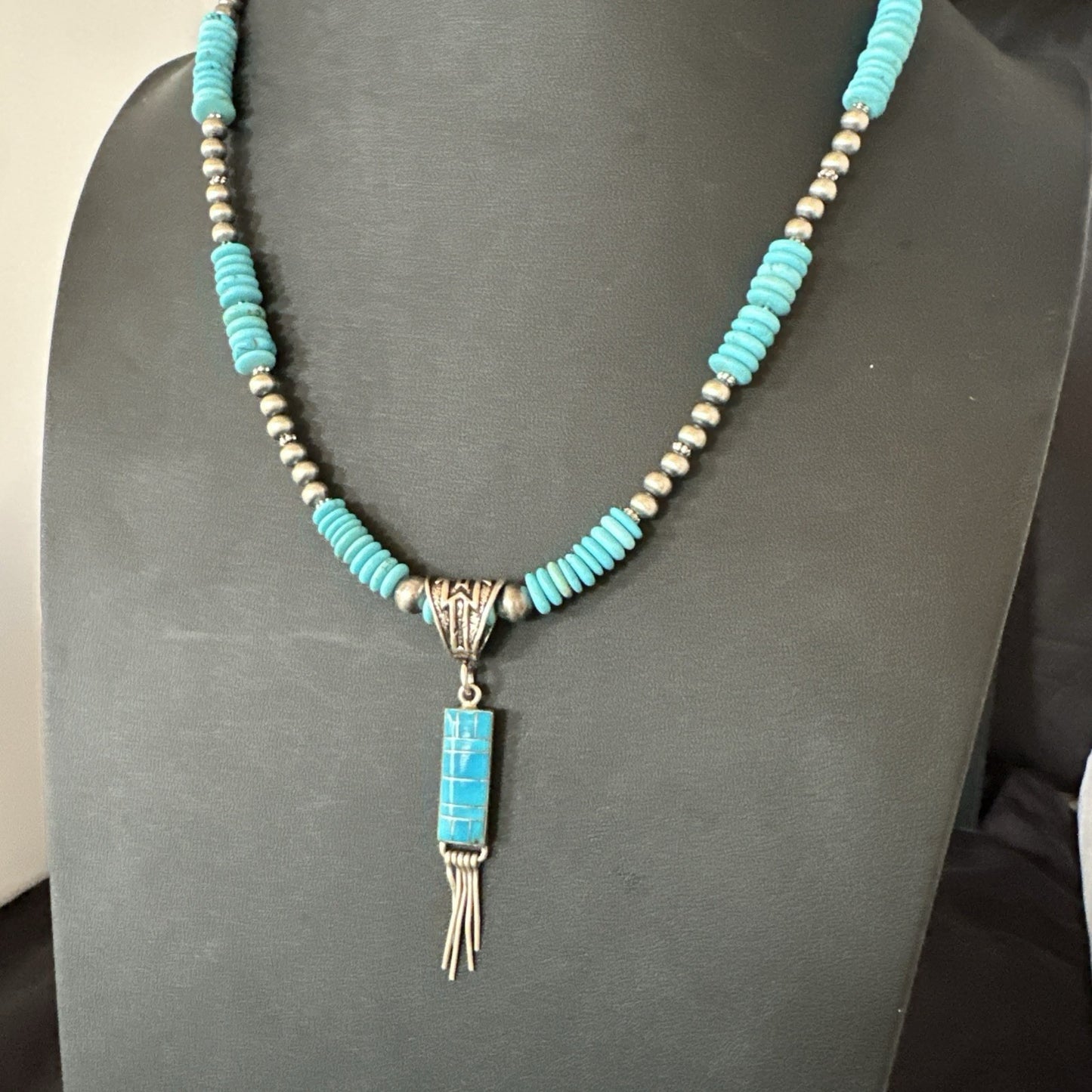 Blue Turquoise Inlay Pendant Navajo Sterling Silver Necklace 19514