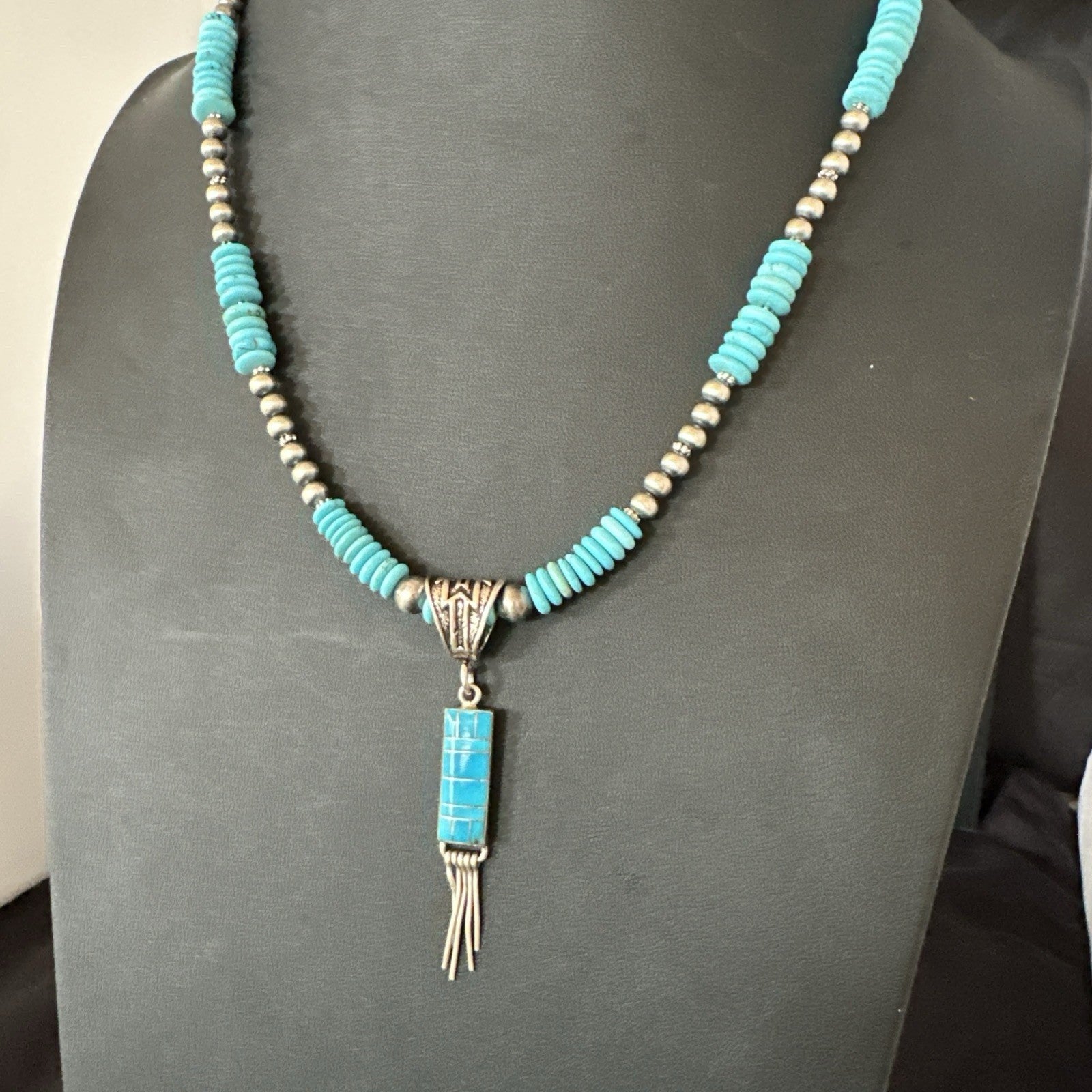 Blue Turquoise Inlay Pendant Navajo Sterling Silver Necklace 19514