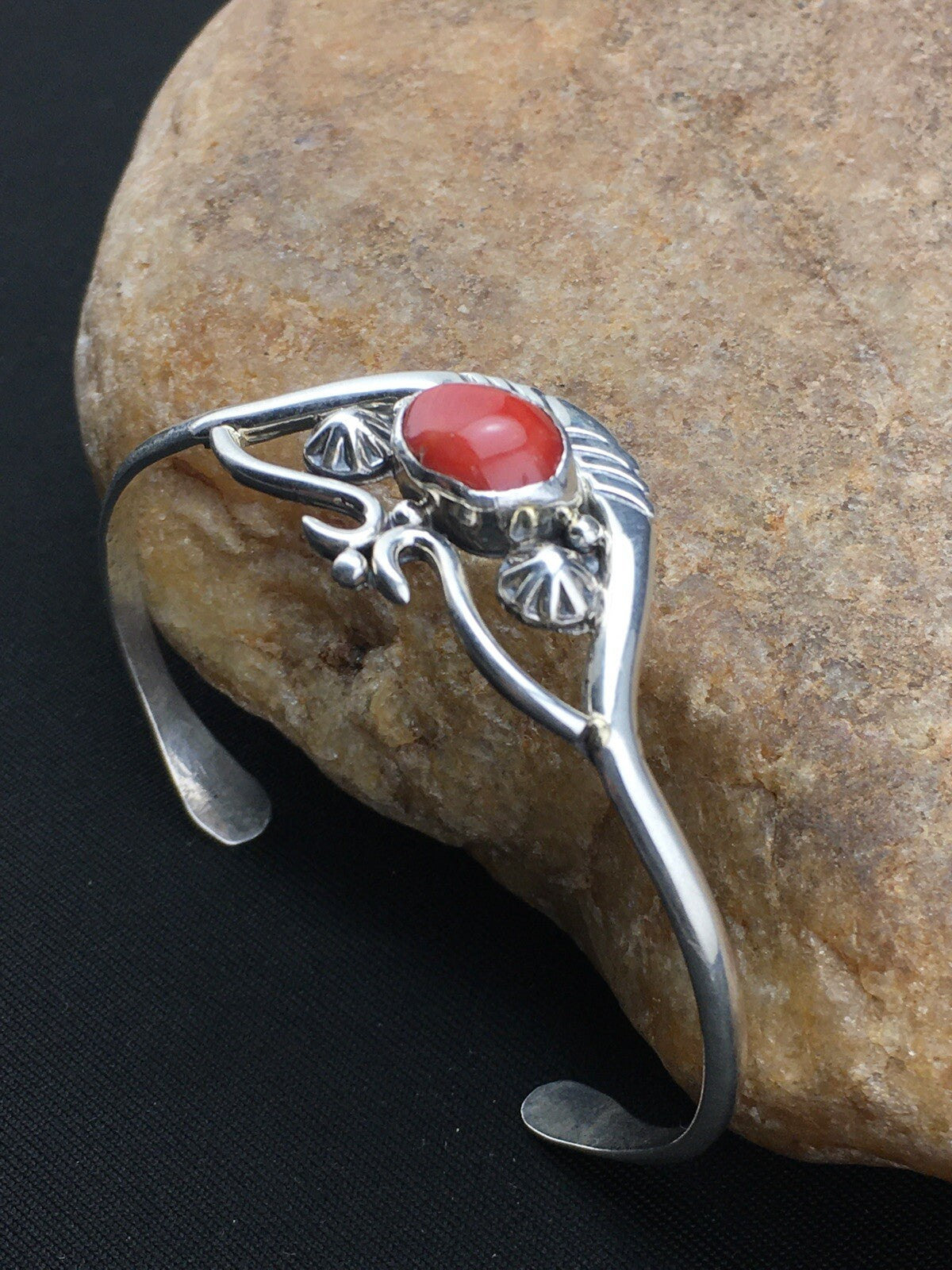 Native American Indian Coral Navajo Sterling Silver Cuff Bracelet 04747