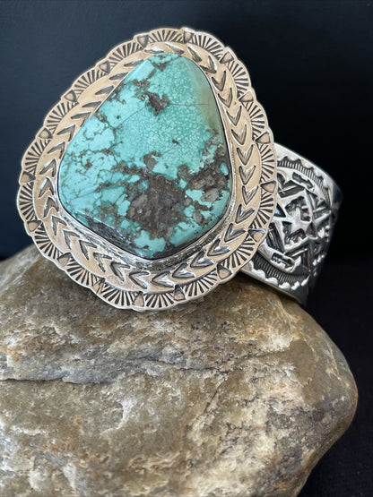 Mens Kingman Turquoise Navajo Sterling Silver Cuff Bracelet 01288