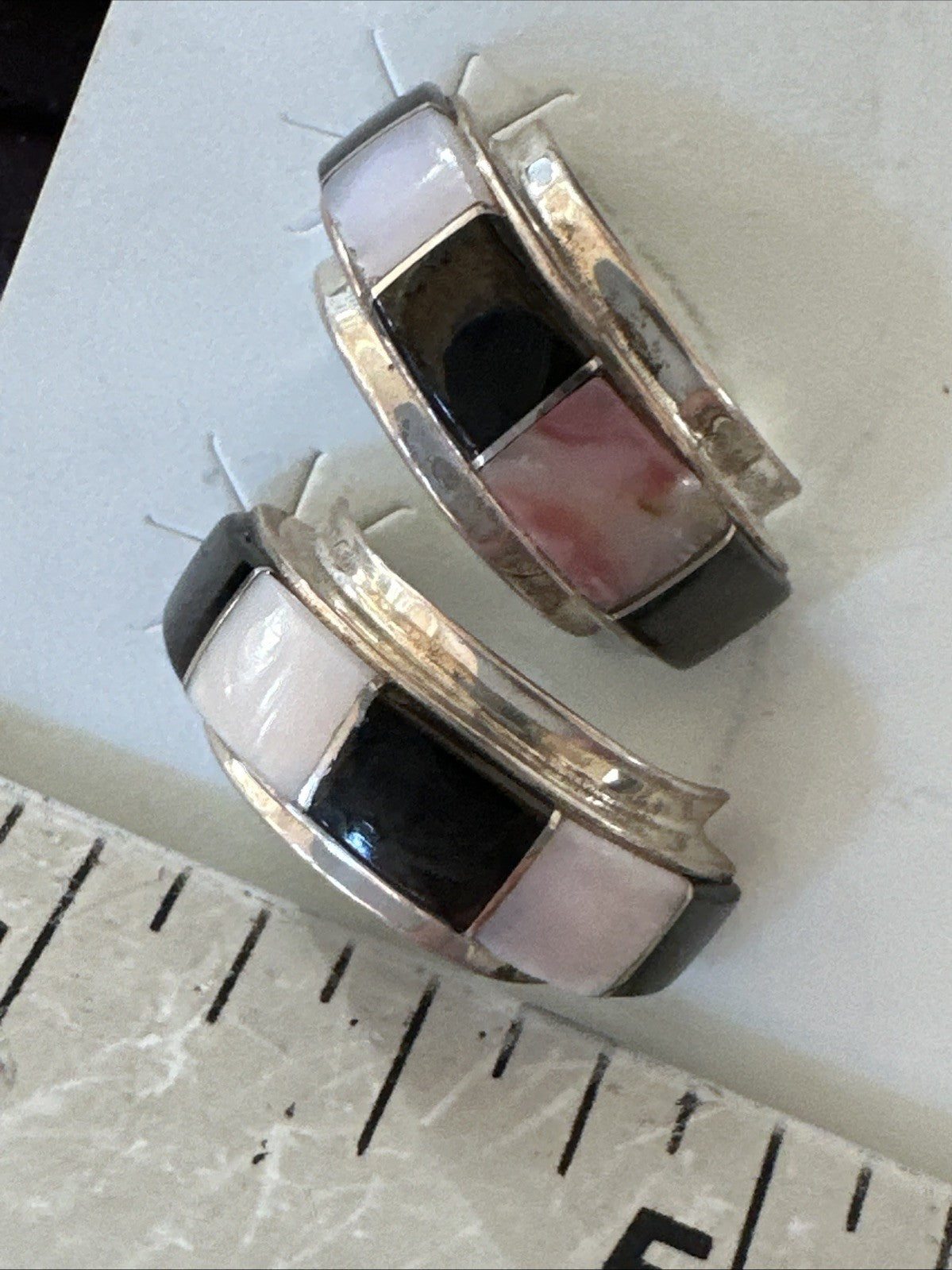 Pink Queen Conch Black Onyx Sterling Silver Post  Inlay Hoop Earrings 19819