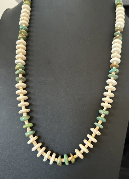 Green Royston Turquoise Shell Santo Domingo Sterling Silver Necklace 29” 19681