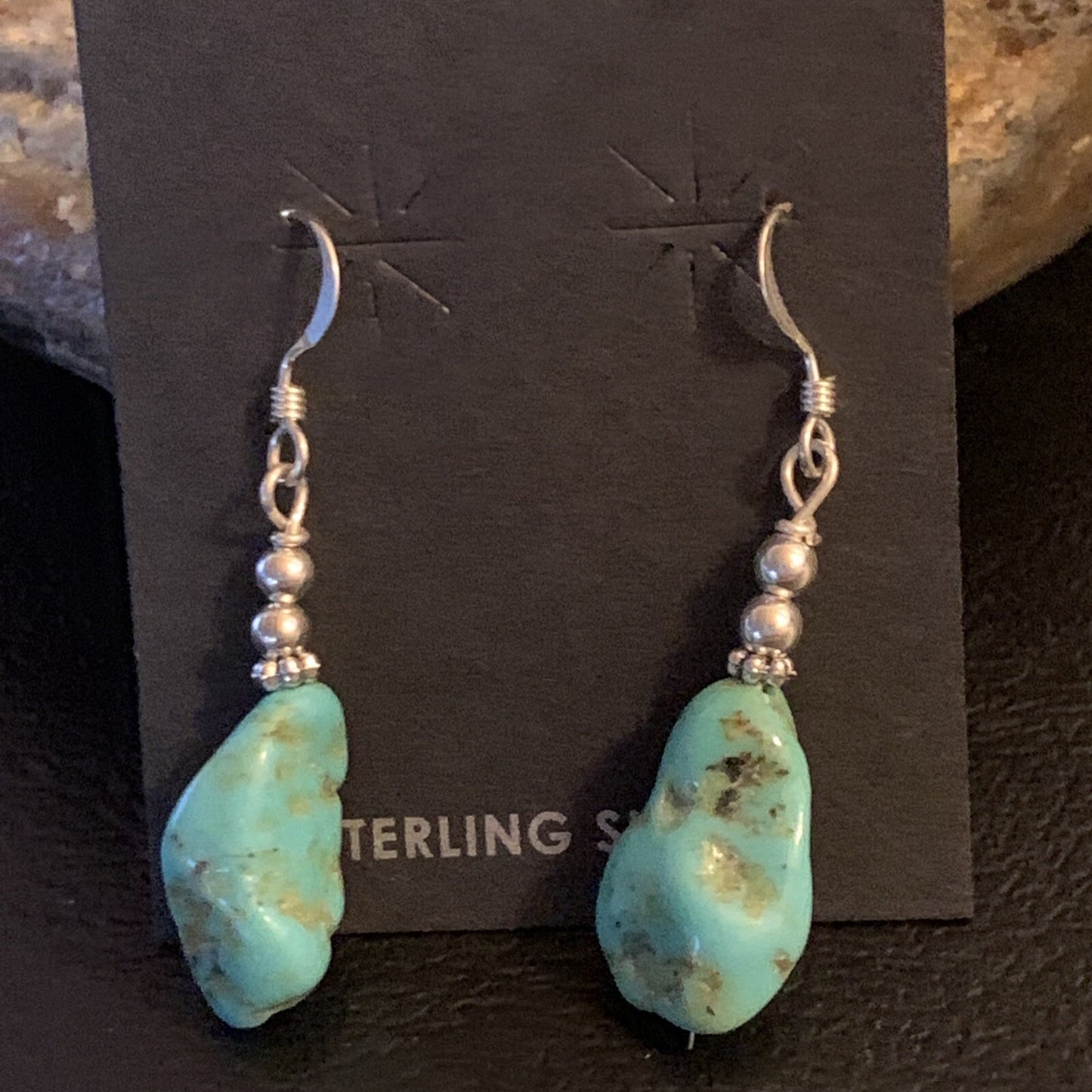 Blue Turquoise Nugget Sterling Silver Beads Navajo Earrings 1" 12892