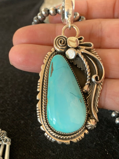 Royston Turquoise Pendant Navajo Sterling Silver Beads Necklace 08735
