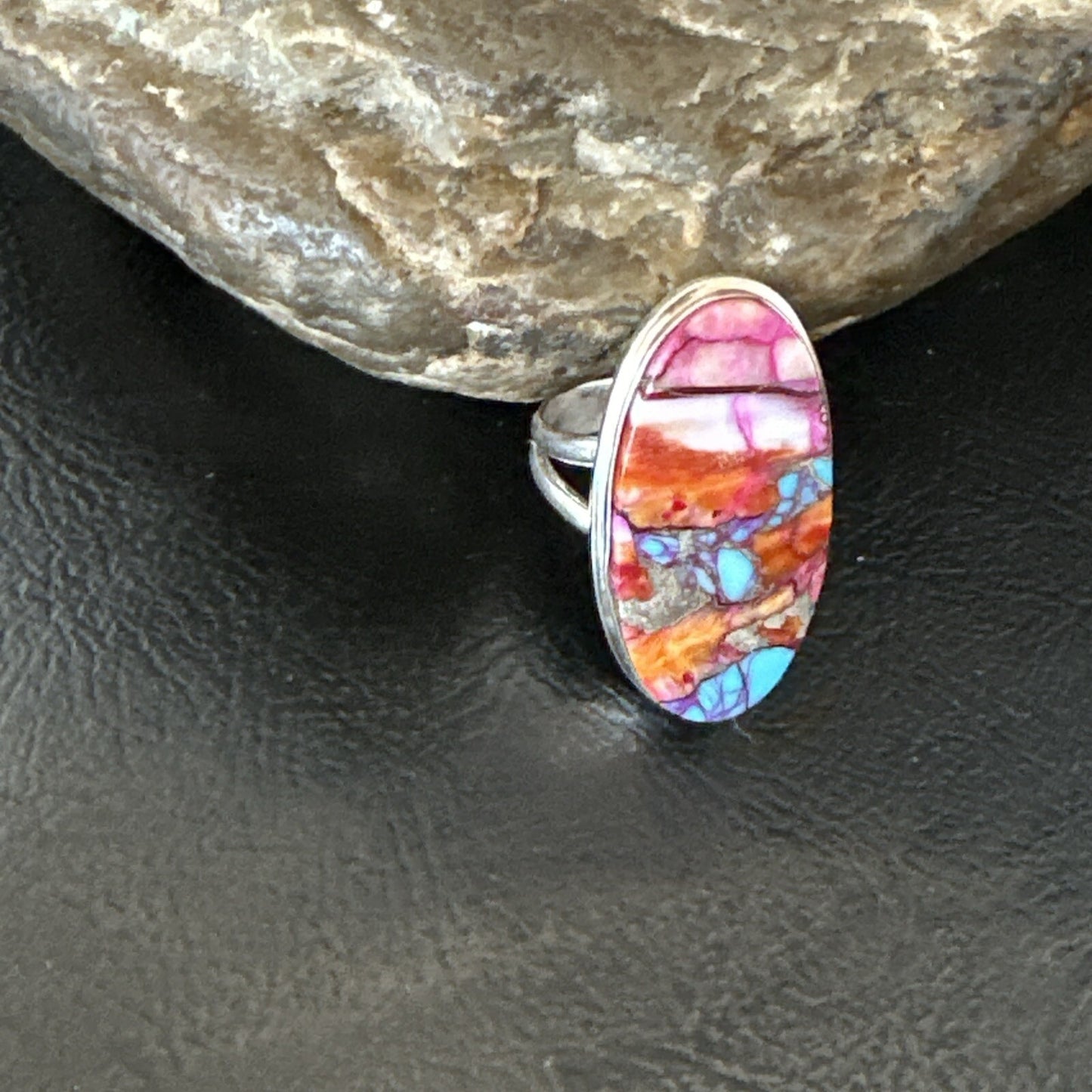 Blue Turquoise Orange Spiny Oyster Navajo Sterling Silver Ring Size 7 18212