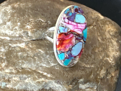 Blue Turquoise Spiny Oyster Southwestern Sterling Silver Ring Size 7 18432