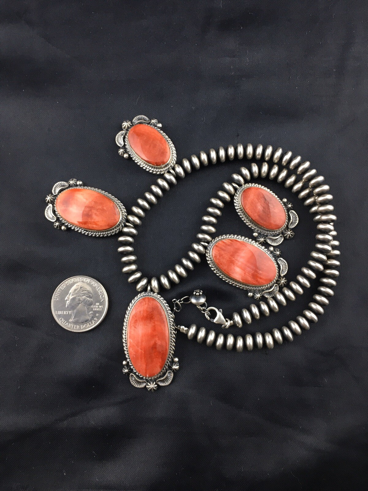 Red Spiny Oyster Pendant Navajo Sterling Silver Squash Necklace 16" 04536