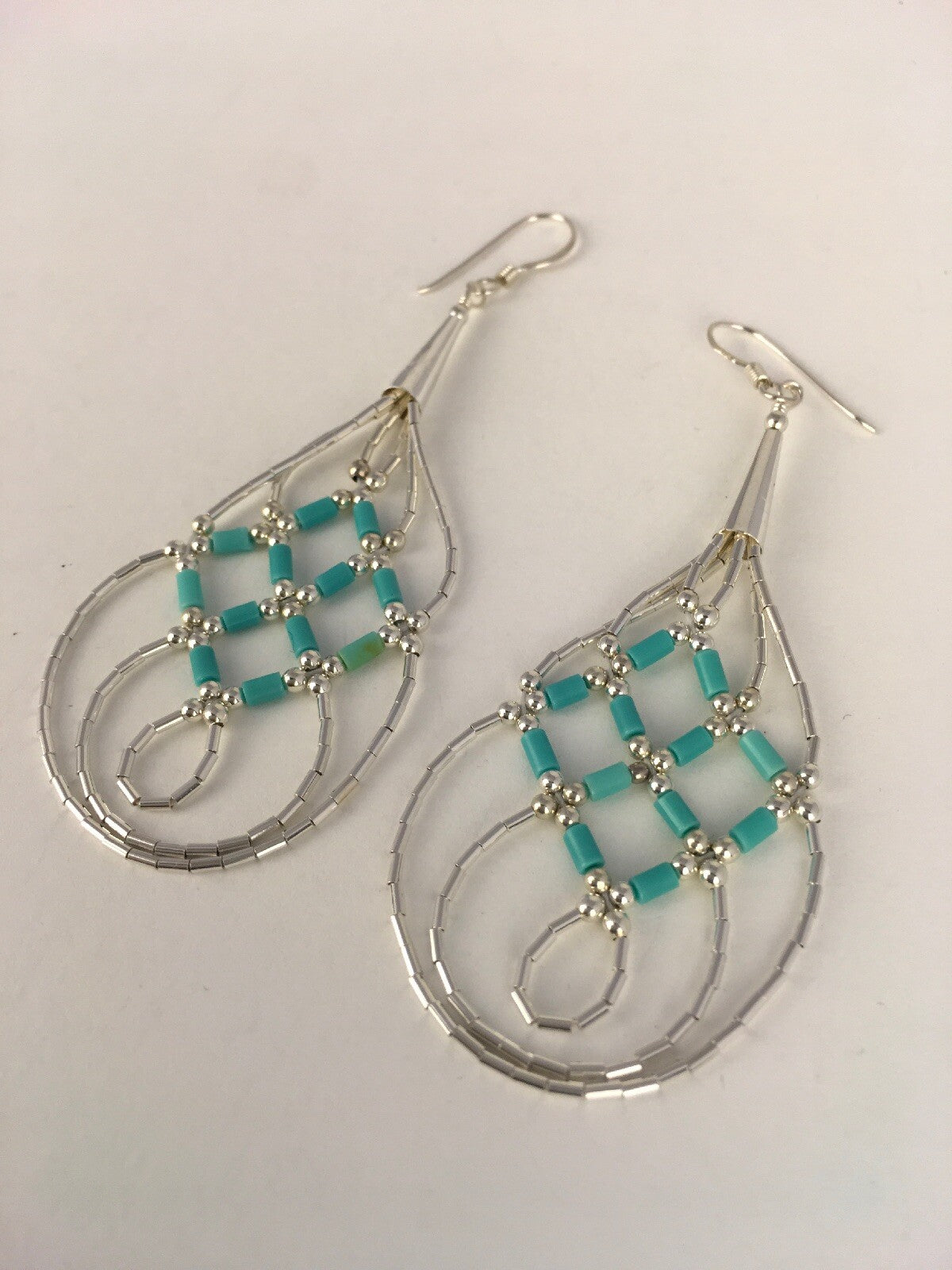 Native Blue Turquoise Heishi Liquid Sterling Silver Dangle Earrings 2" 08878