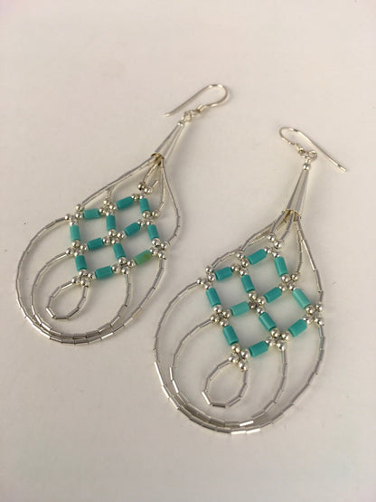 Native Blue Turquoise Heishi Liquid Sterling Silver Dangle Earrings 2" 08878