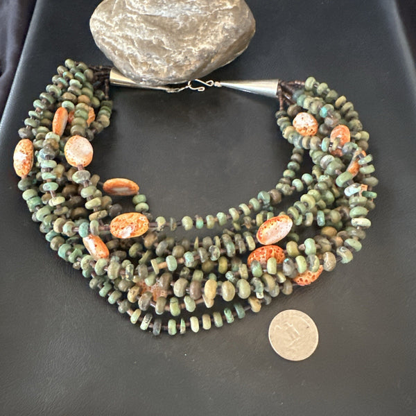 Navajo Green Turquoise 10S Orange Spiny Shell Necklace 19" | Sterling Silver | Authentic Native American Handmade | 18478