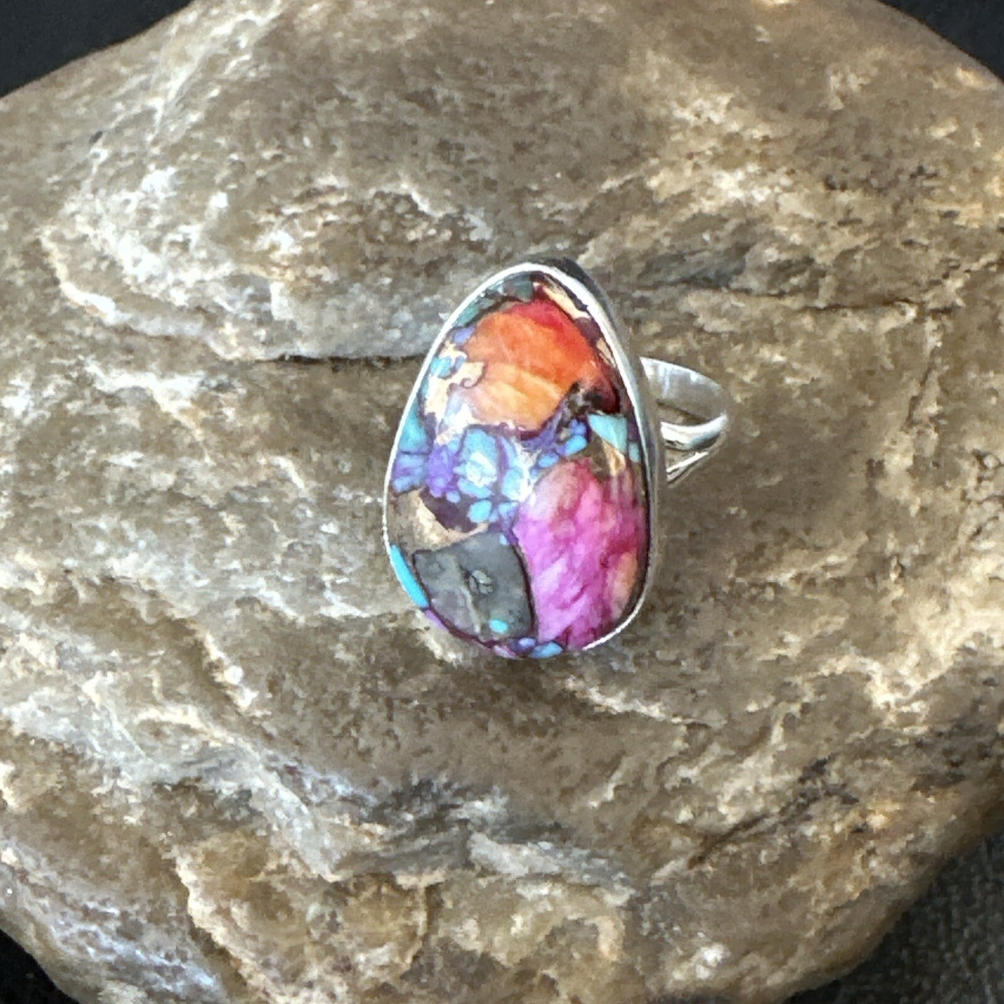 Blue Turquoise Spiny Oyster Southwestern Sterling Silver Ring Size 6 18471