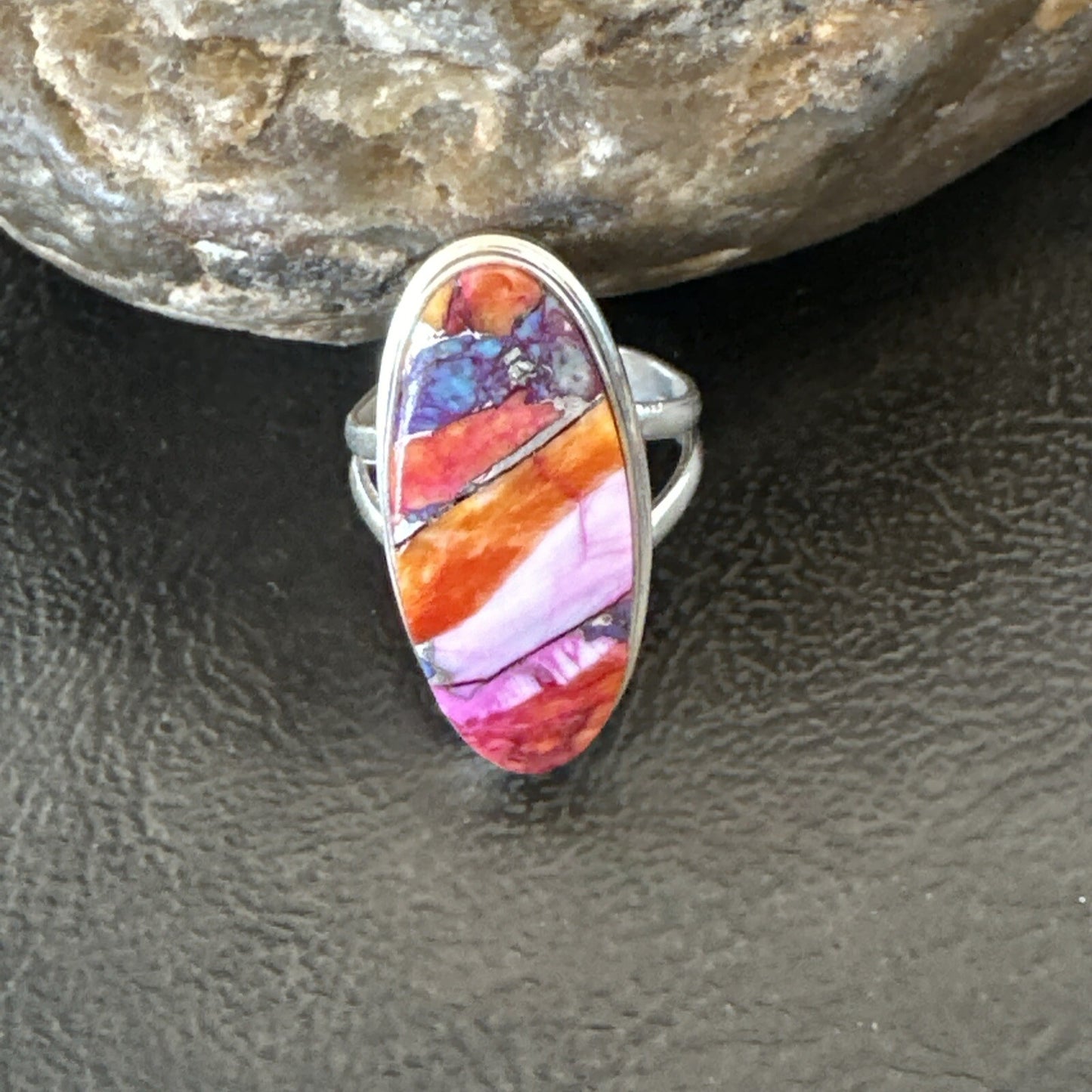 Blue Turquoise Spiny Oyster Southwestern Sterling Silver Ring Size 6 18474