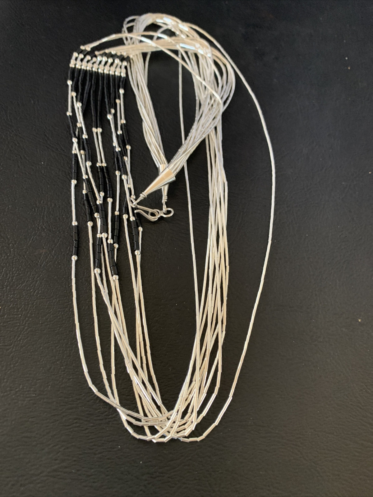 Black Onyx Liquid Silver 10 Strands Heishi Tubes 26" Necklace 13059