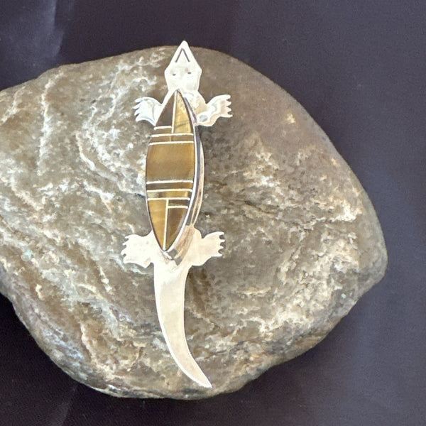 Coffee Brown Tigers Eye Navajo Gecko Inlay Lizard Pin 3ï¿½ | Sterling Silver | Authentic Native American Handmade | 17950