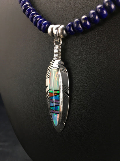 Opal Feather Multicolor Lapis Pendant Sterling Silver Necklace Earring Set 02771