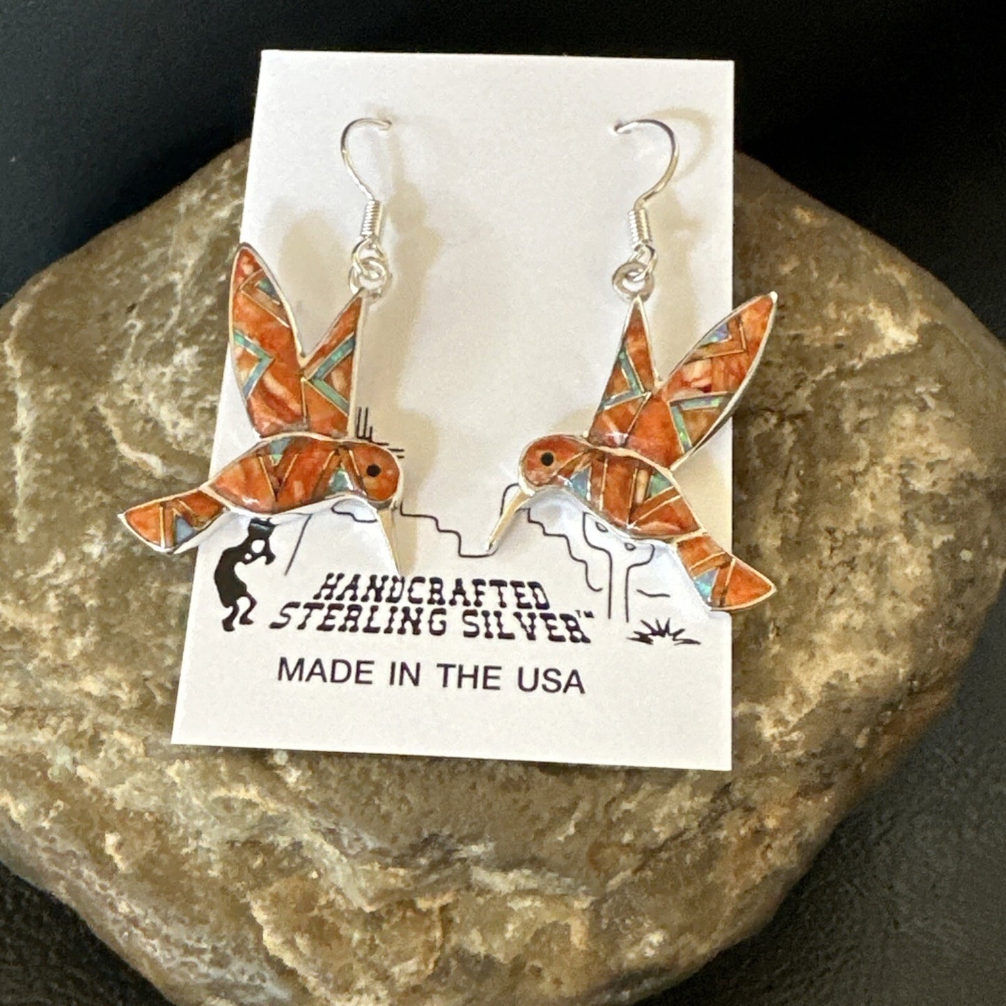 Orange Spiny Oyster Opal Sterling Silver Hummingbird Dangle Earrings 18552