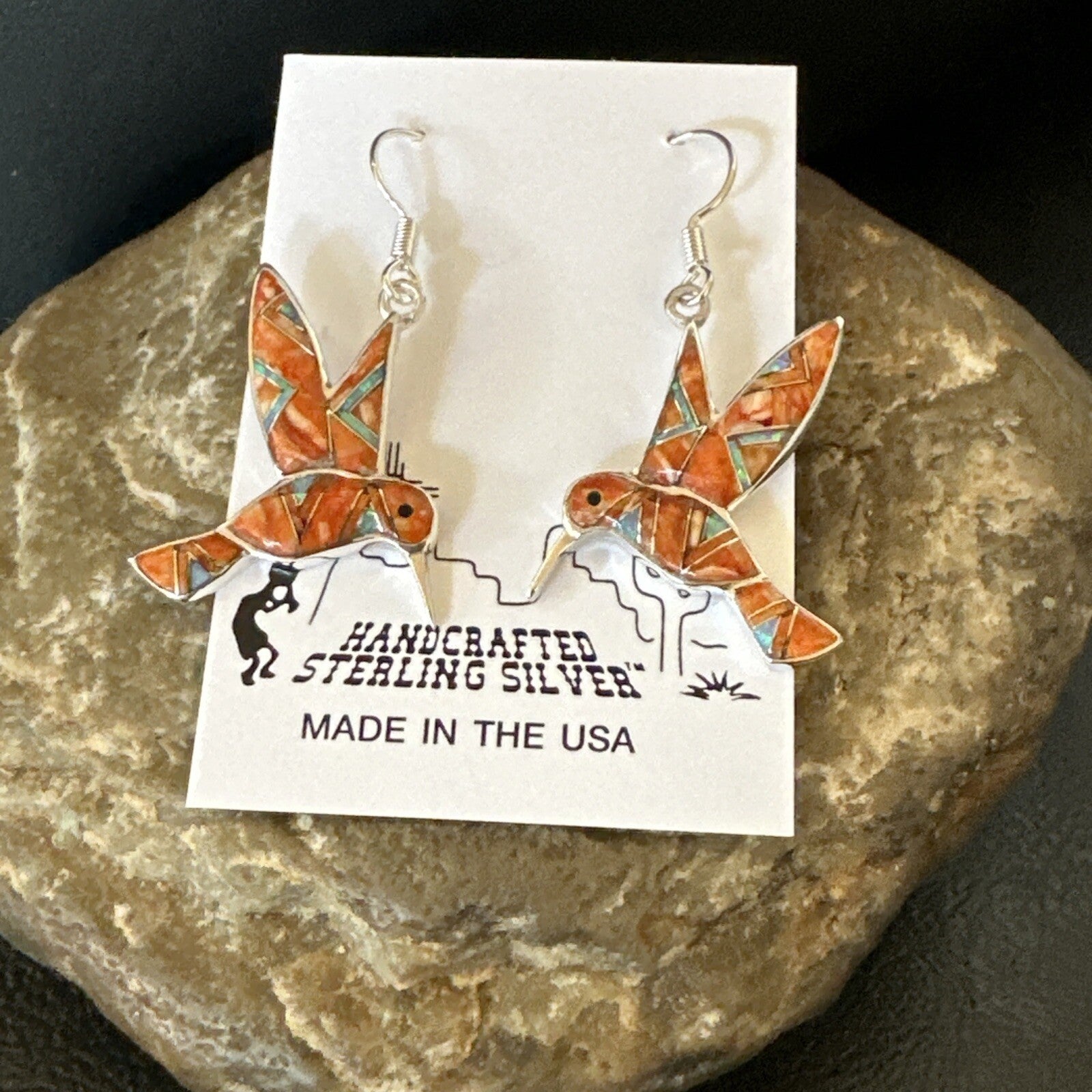Orange Spiny Oyster Opal Sterling Silver Hummingbird Dangle Earrings 18552