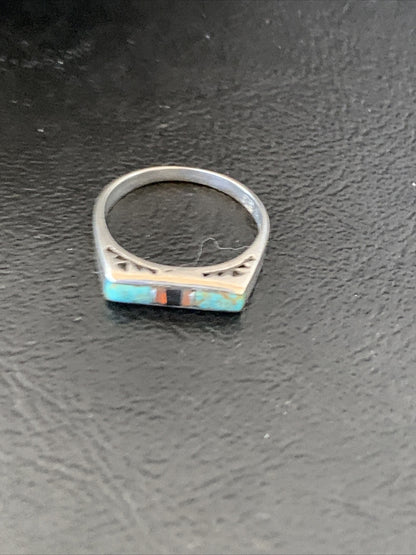 Turquoise & Onyx Navajo Sterling Silver Inlay Ring Size 6 11152