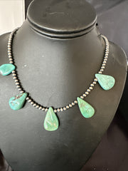 Blue Green Turquoise Teardrop Navajo Pearls Necklace 20" | Sterling Silver | Authentic Native American Handmade | 17746