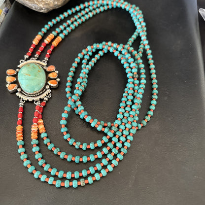 XL Statement Green Turquoise Spiny Navajo 3S Sterling Silver Necklace 34” 19675