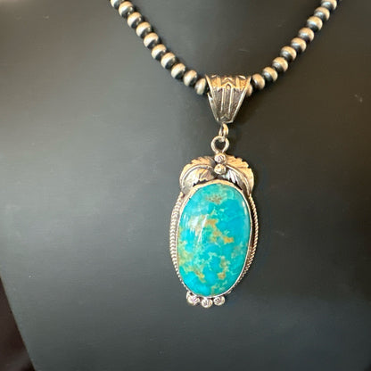 Mens Blue Kingman Turquoise Pendant Navajo Pearls Sterling Silver Necklace 19344